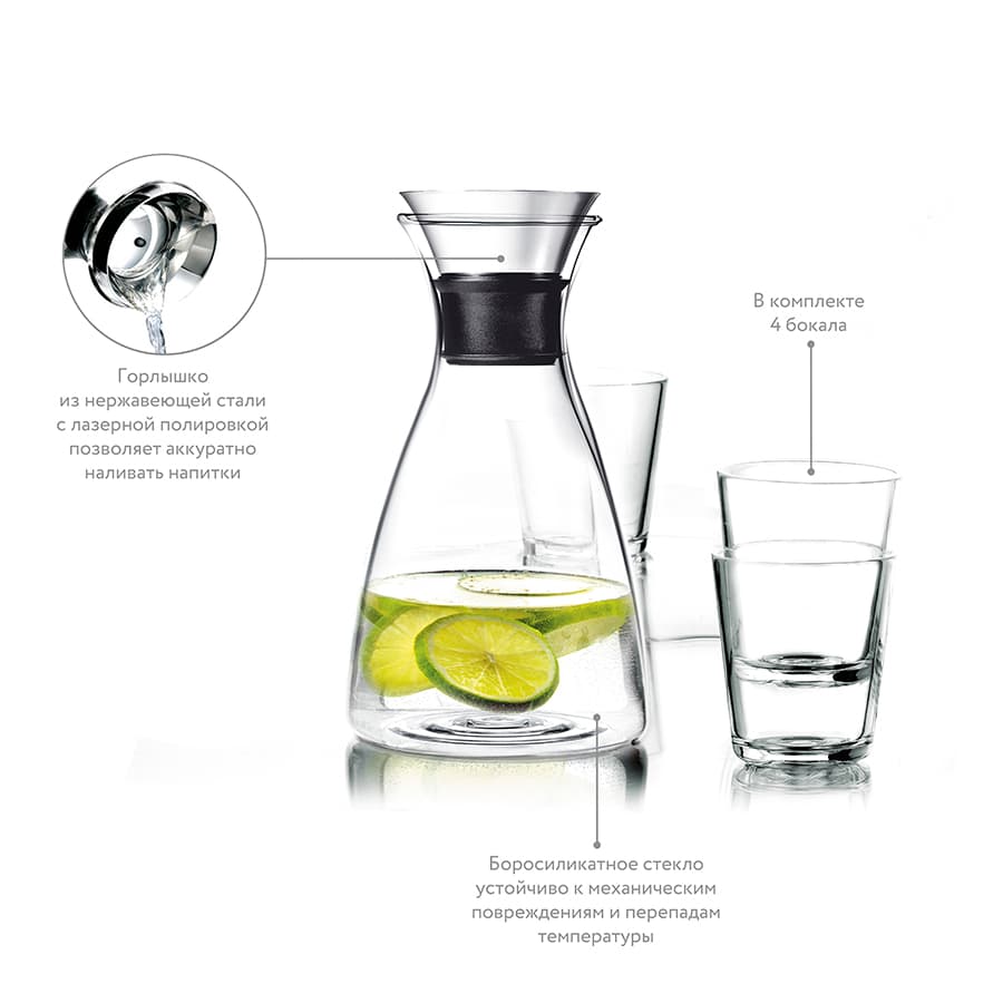 Графин Eva Solo Drip-free 1 л и 4 бокала 567460